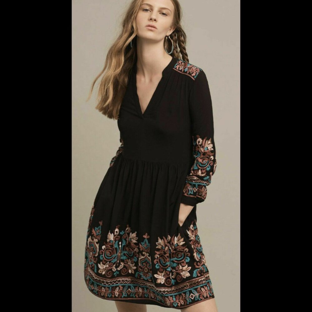 Anthropologie Avery Black Cocktail Dress with Floral Embroidery and Pockets